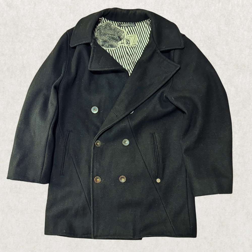 Vintage Volcom Limited Edition Peacoat – Size L, Black, Striped Lining.